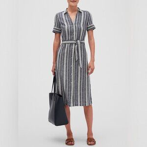 Banana Republic Women's Dress 0 White Blue Striped Belted Midi Linen Blend